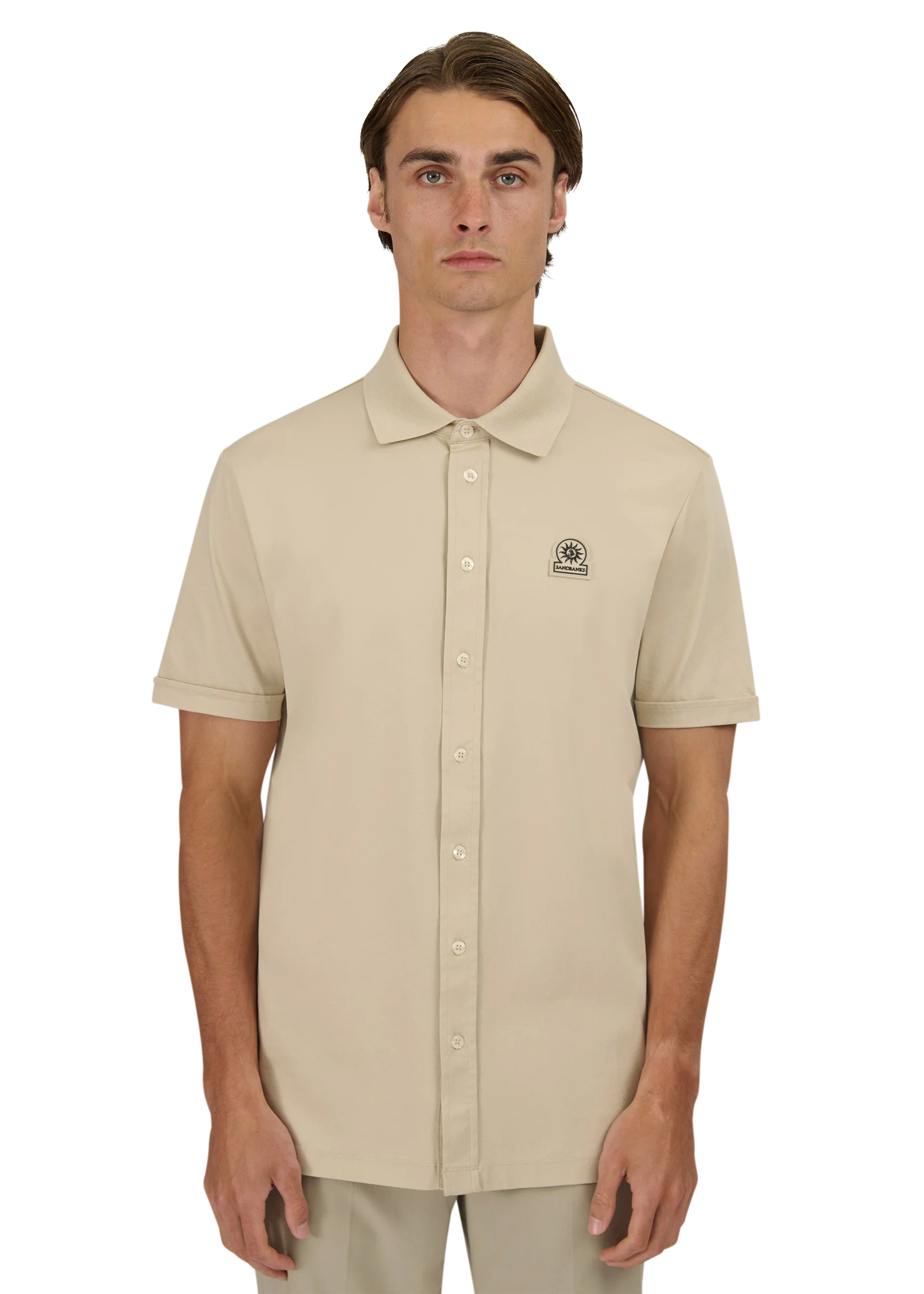 Sandbanks Full Button Interlock Polo Shirt - Stone