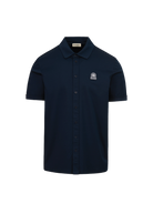 Navy blue short-sleeve shirt with a logo on a white background