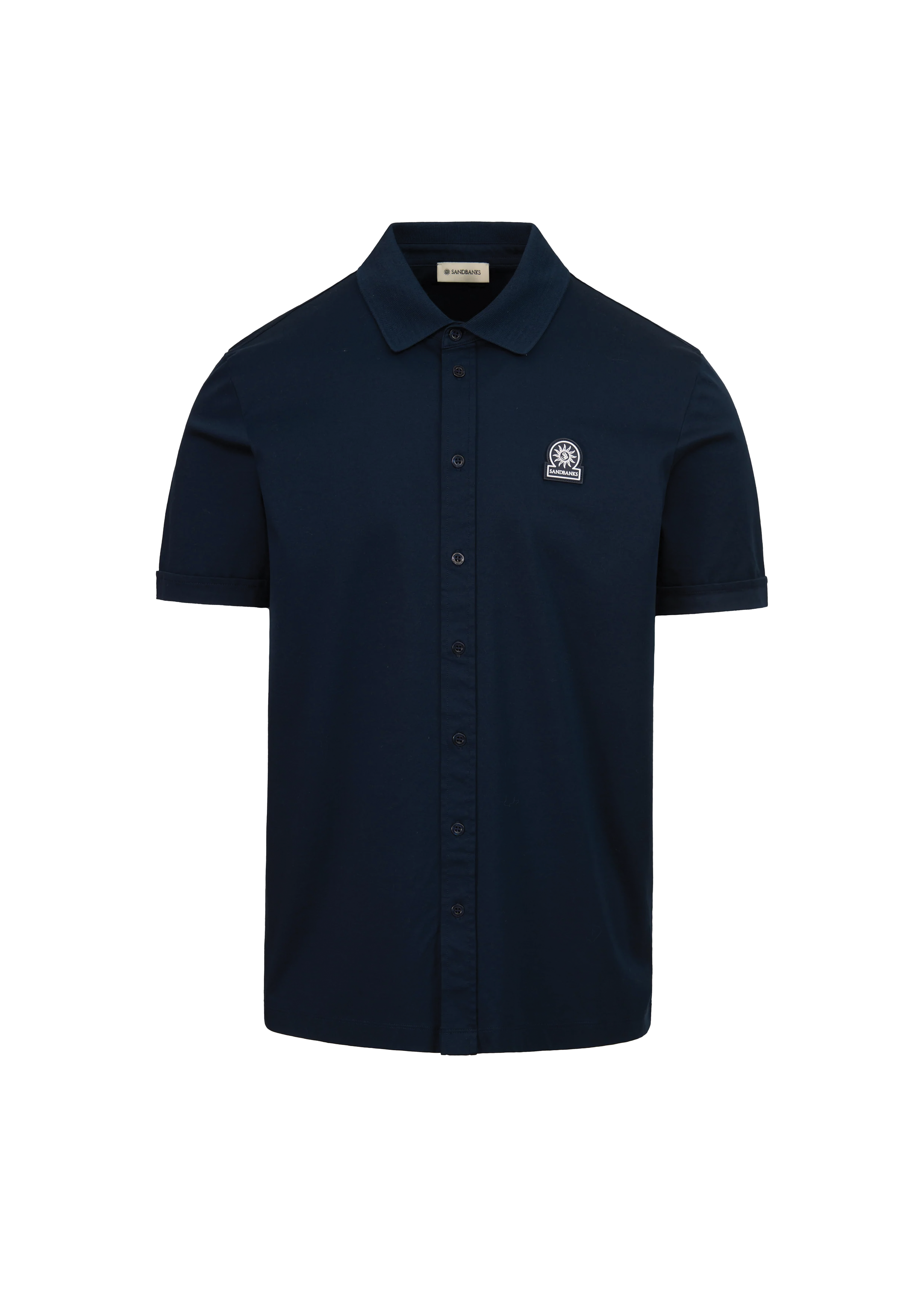 Navy blue short-sleeve shirt with a logo on a white background