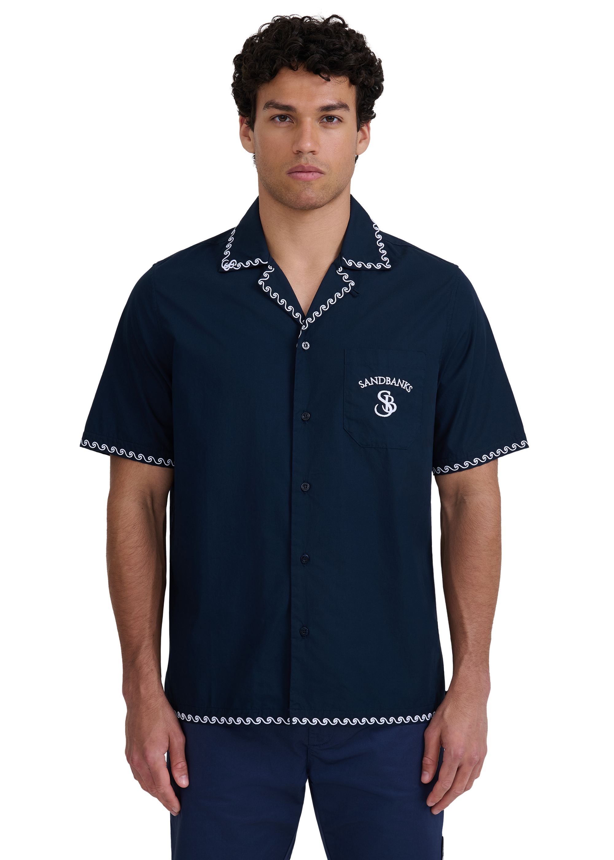 Embroidered Cotton Revere Shirt - Navy