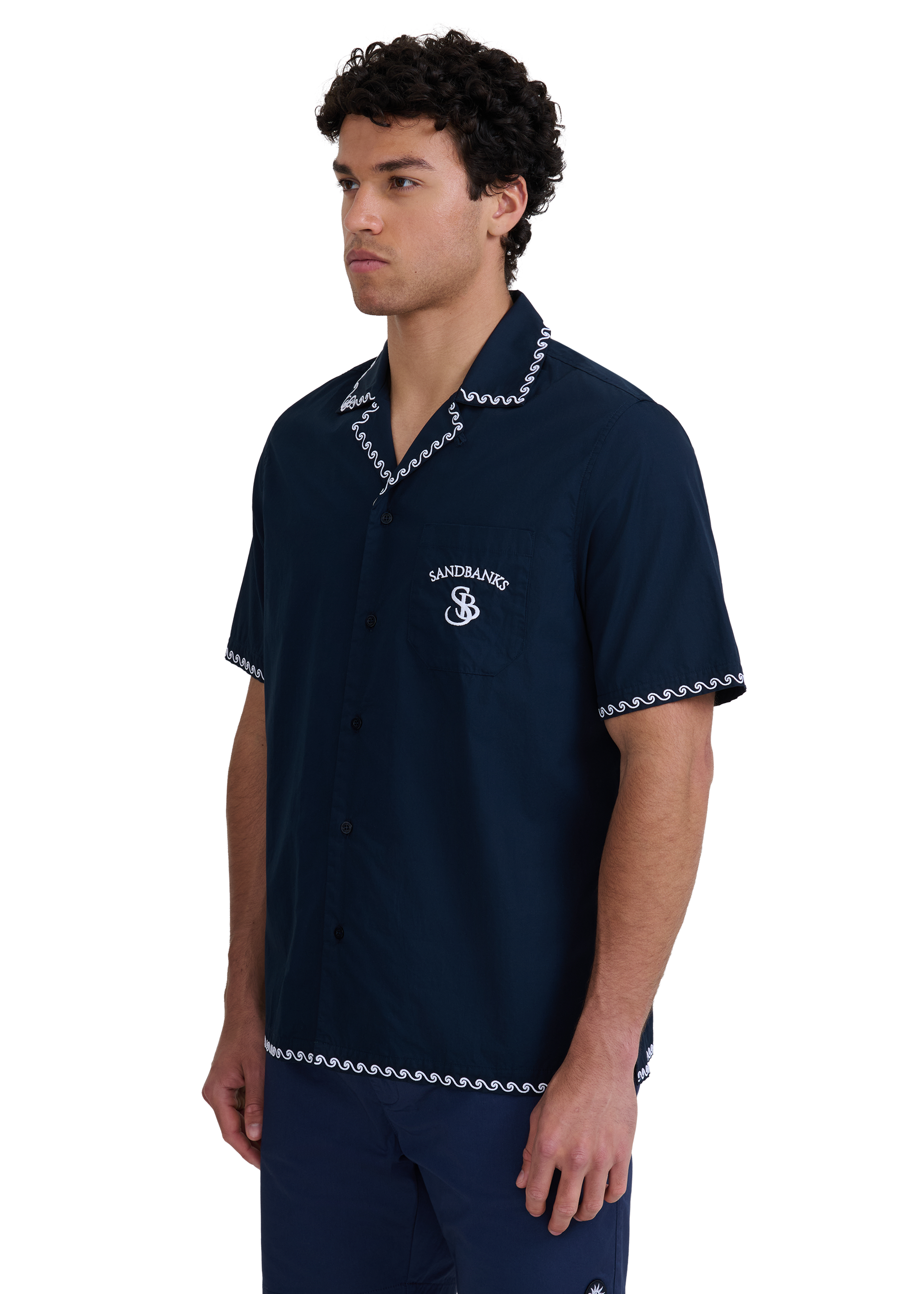 Embroidered Cotton Revere Shirt - Navy