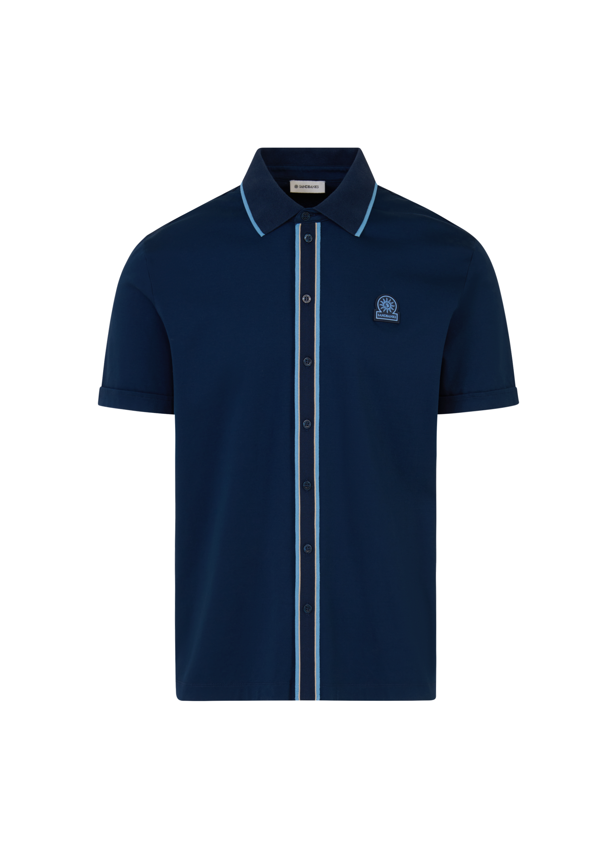 Contrast Tipped Full Button Interlock Polo Shirt - Navy