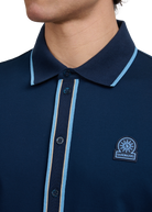 Contrast Tipped Full Button Interlock Polo Shirt - Navy