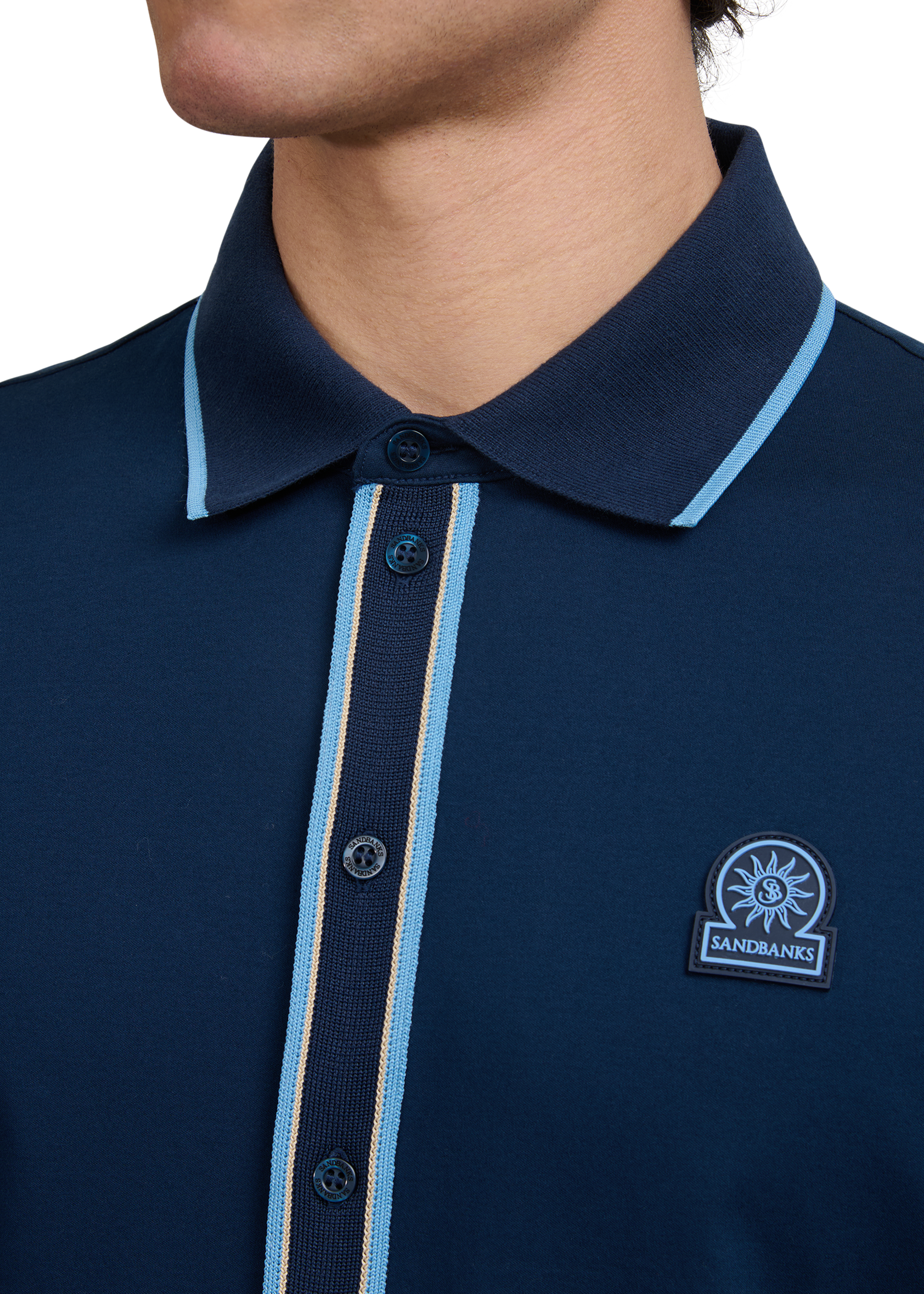Contrast Tipped Full Button Interlock Polo Shirt - Navy