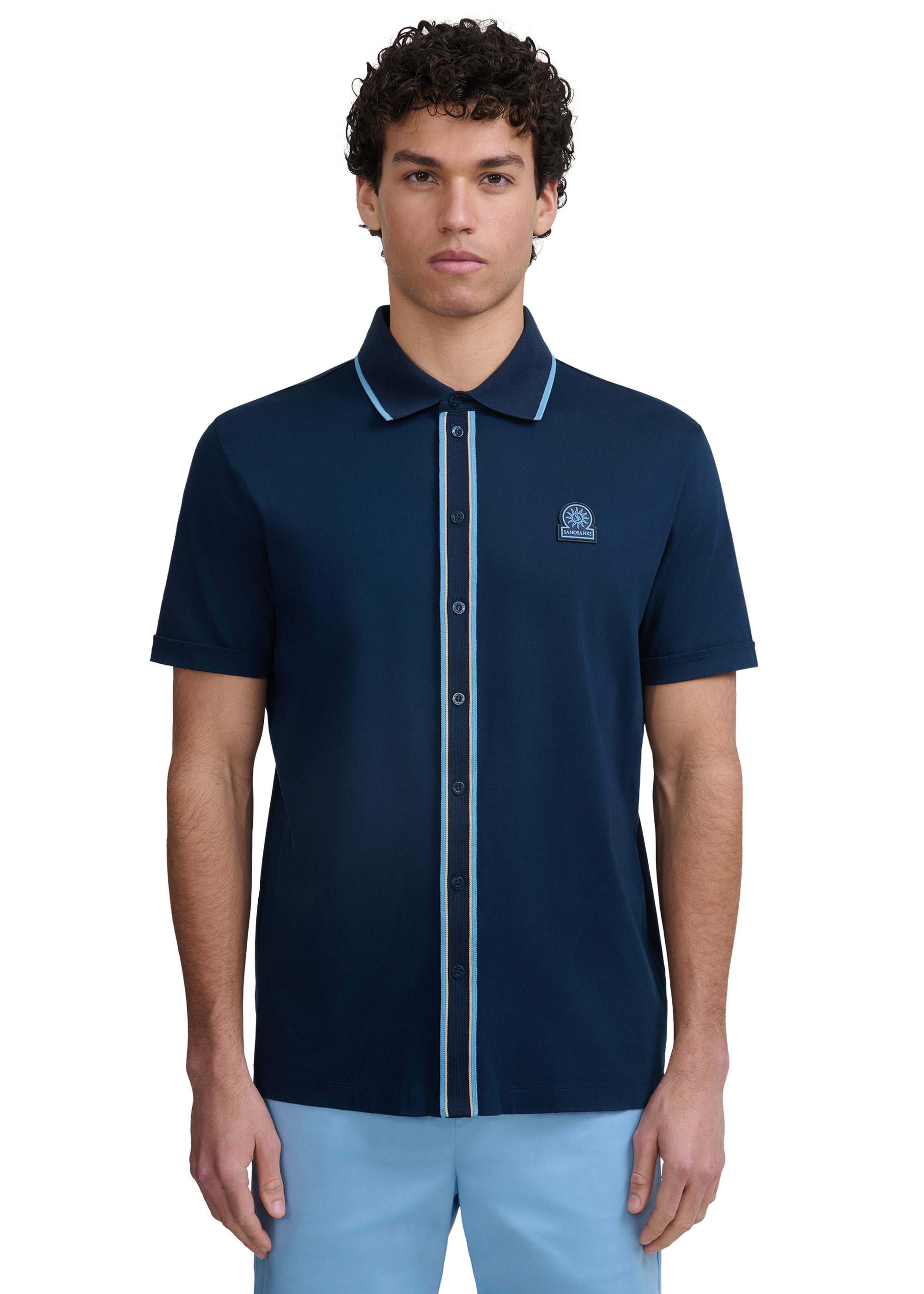 Contrast Tipped Full Button Interlock Polo Shirt - Navy