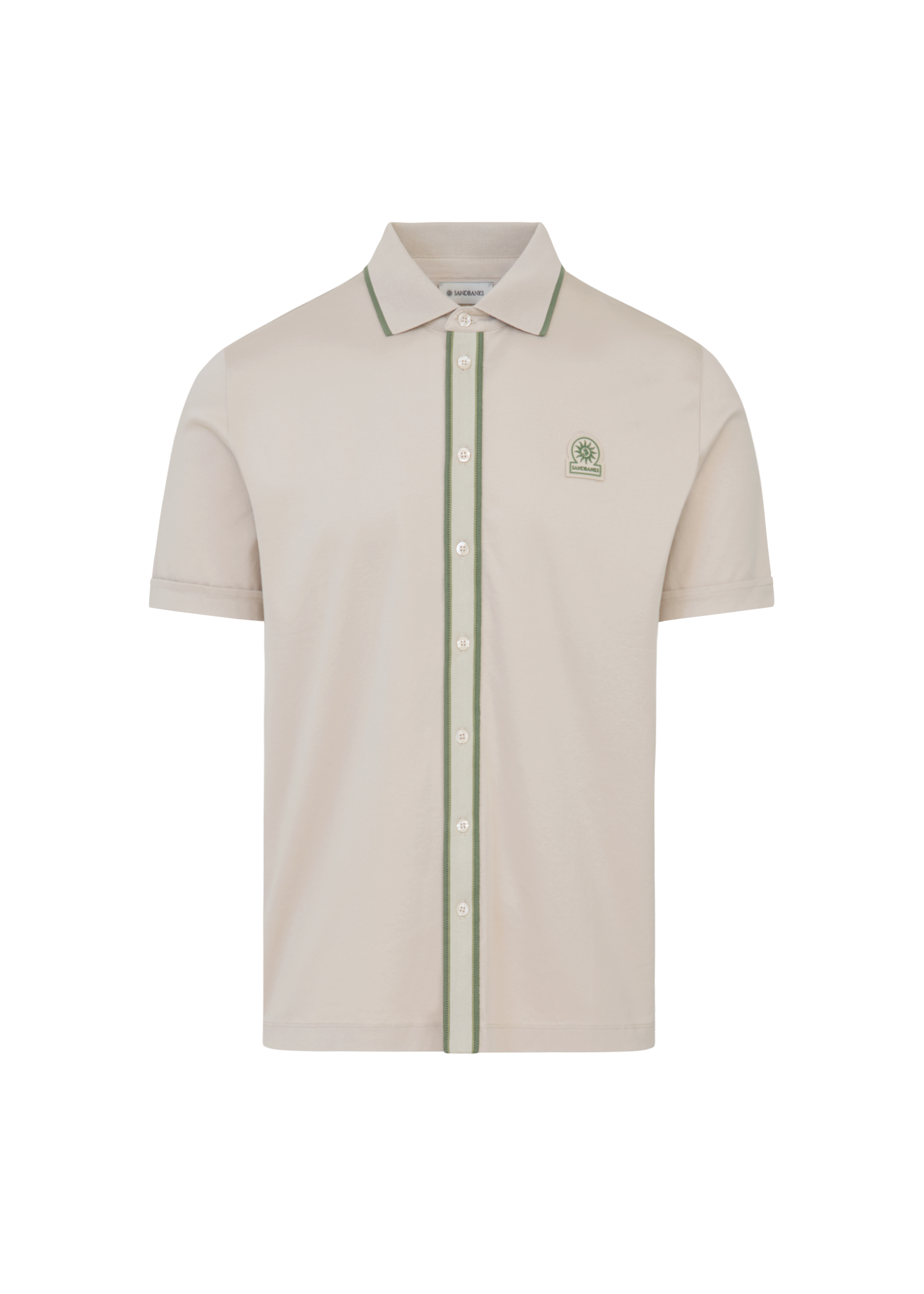 Contrast Tipped Full Button Interlock Polo Shirt - Stone