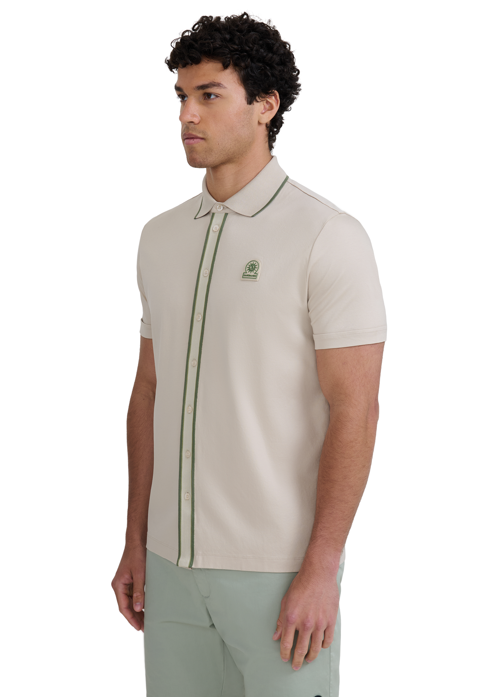 Contrast Tipped Full Button Interlock Polo Shirt - Stone