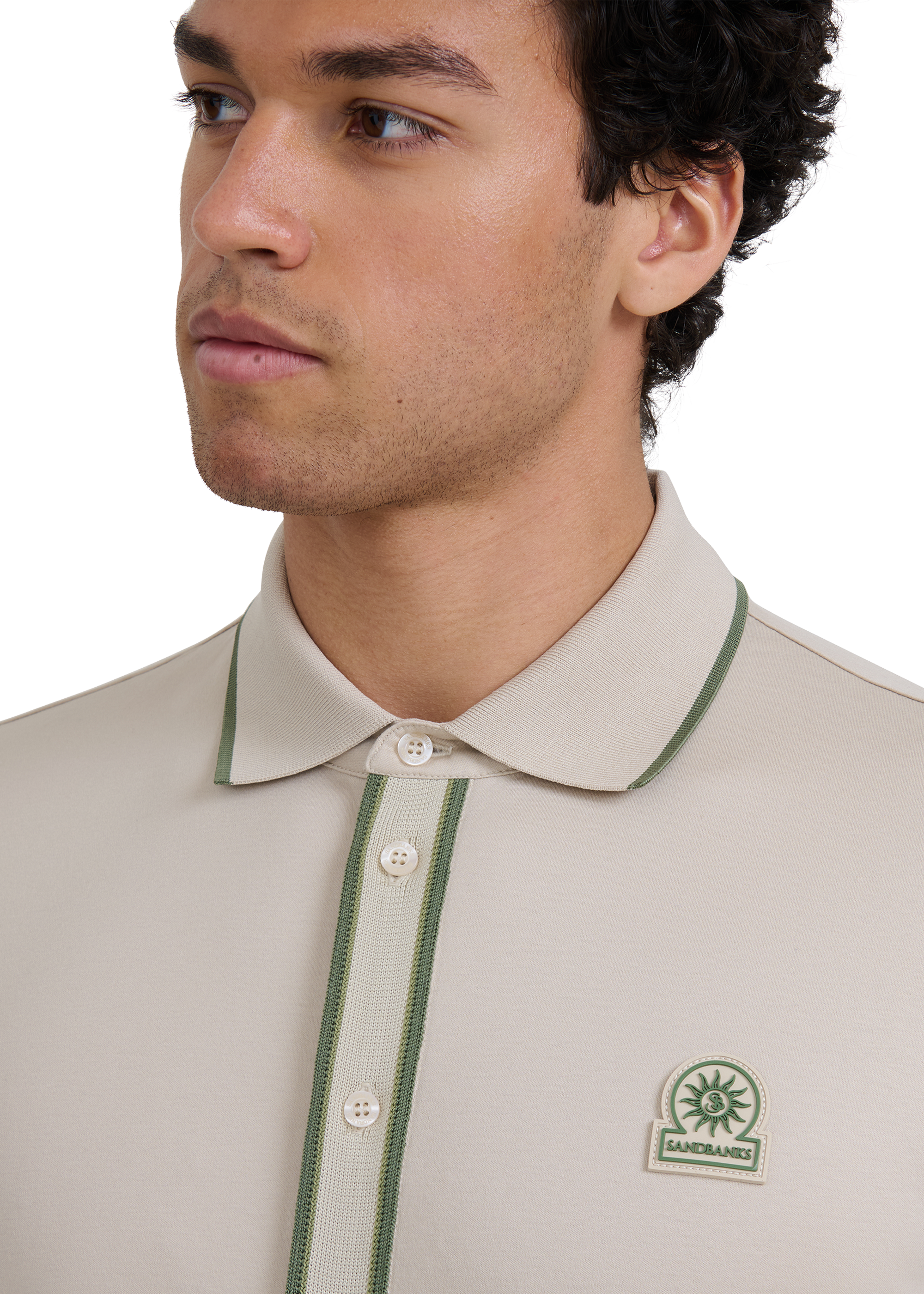 Contrast Tipped Full Button Interlock Polo Shirt - Stone