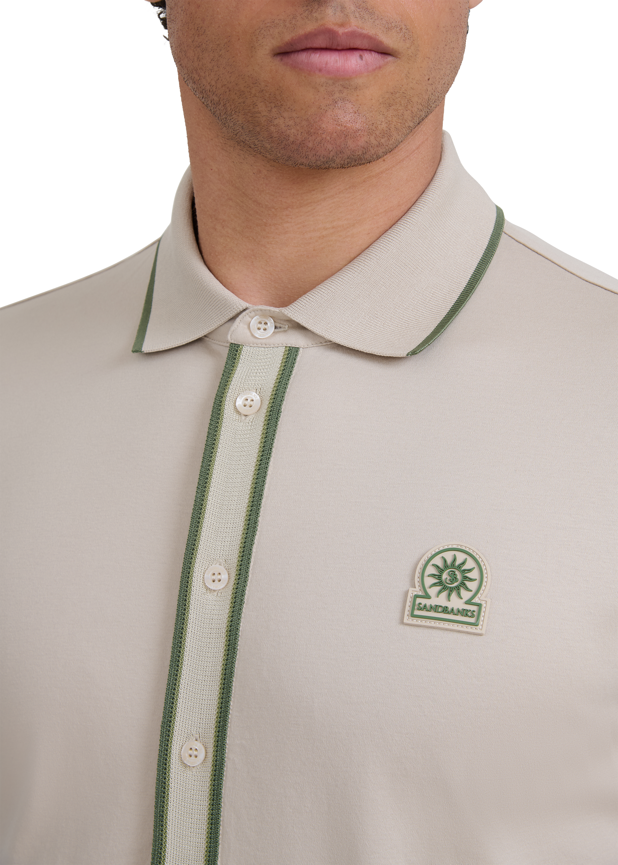 Contrast Tipped Full Button Interlock Polo Shirt - Stone