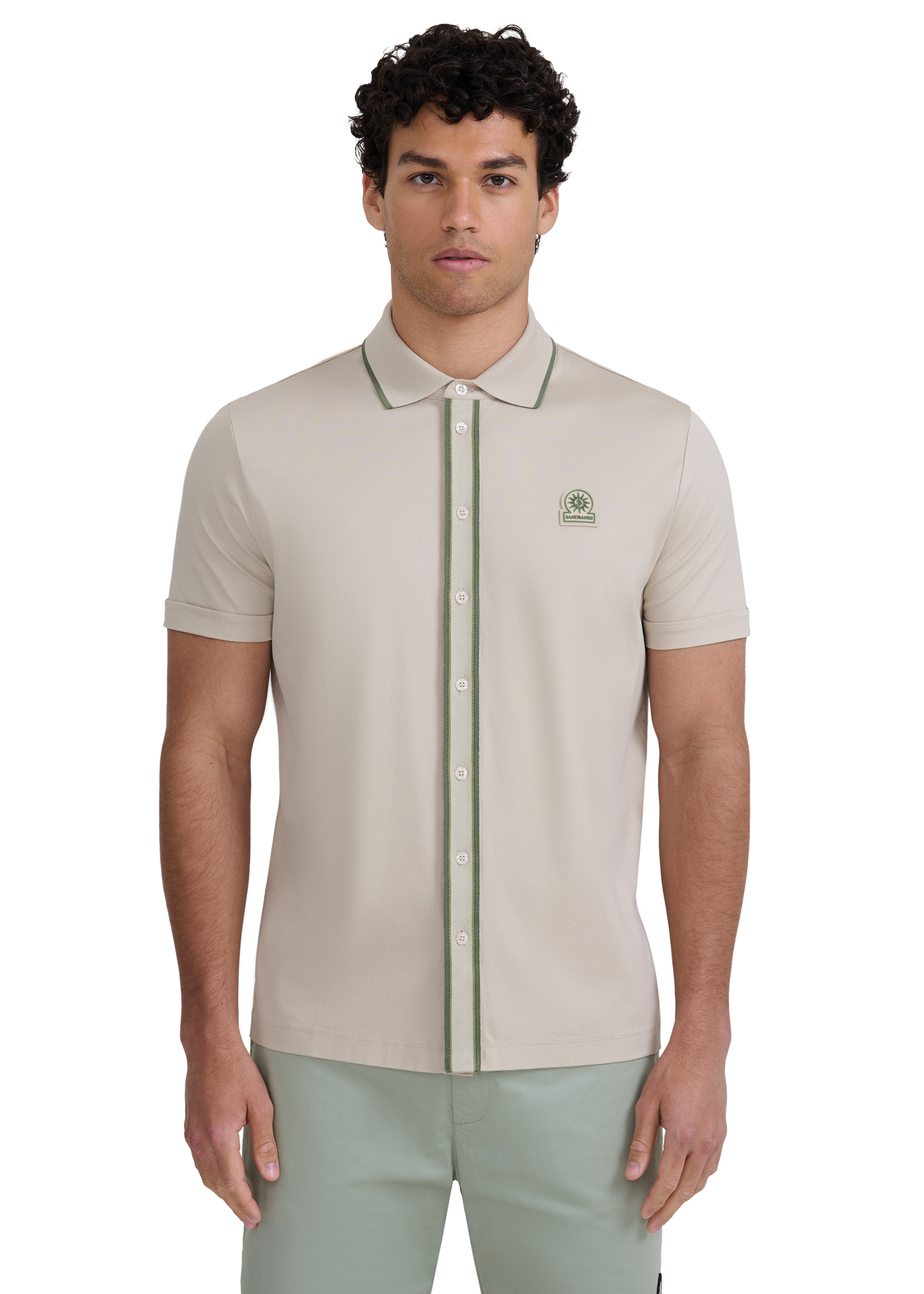 Contrast Tipped Full Button Interlock Polo Shirt - Stone