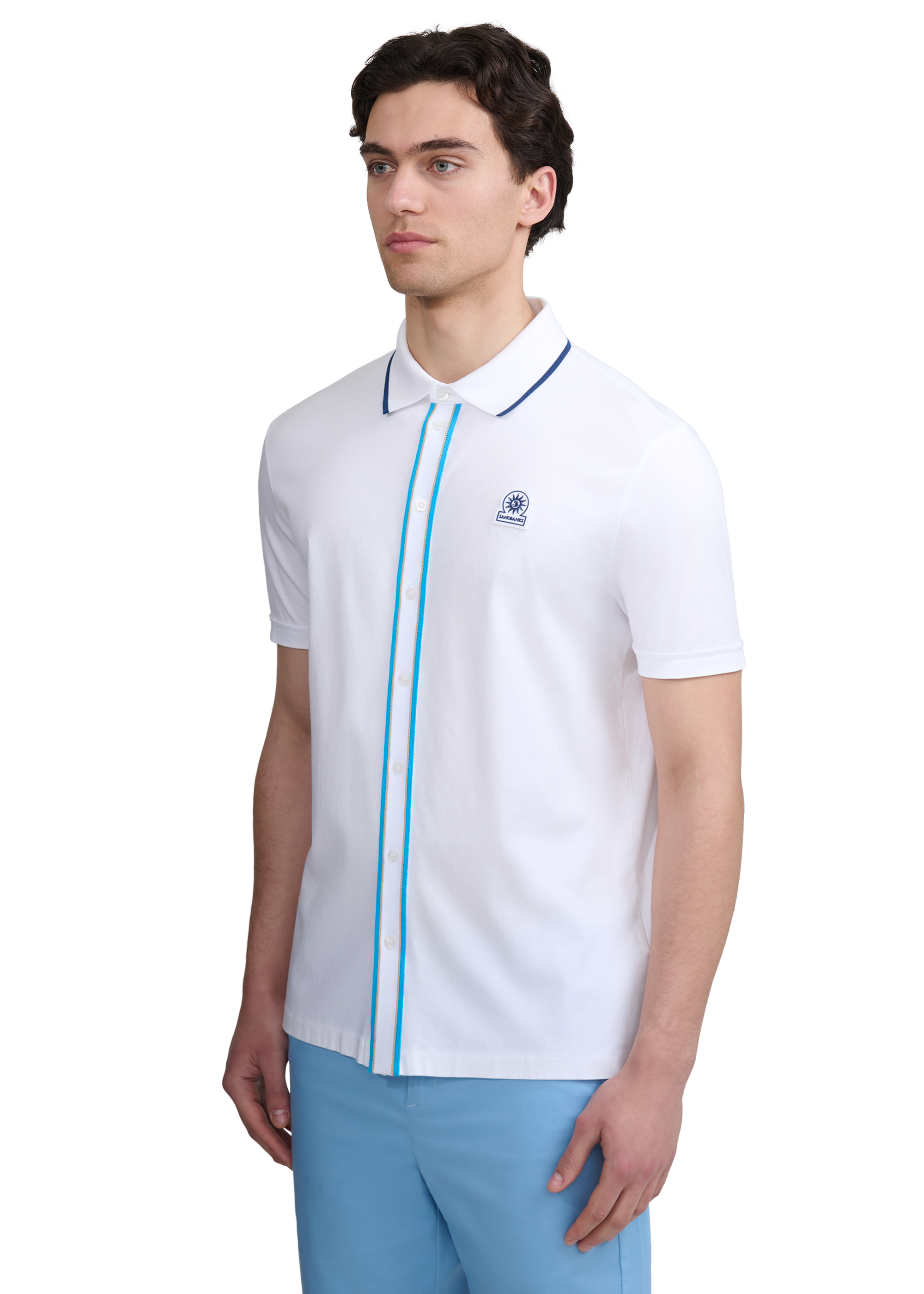 Contrast Tipped Full Button Interlock Polo Shirt - White