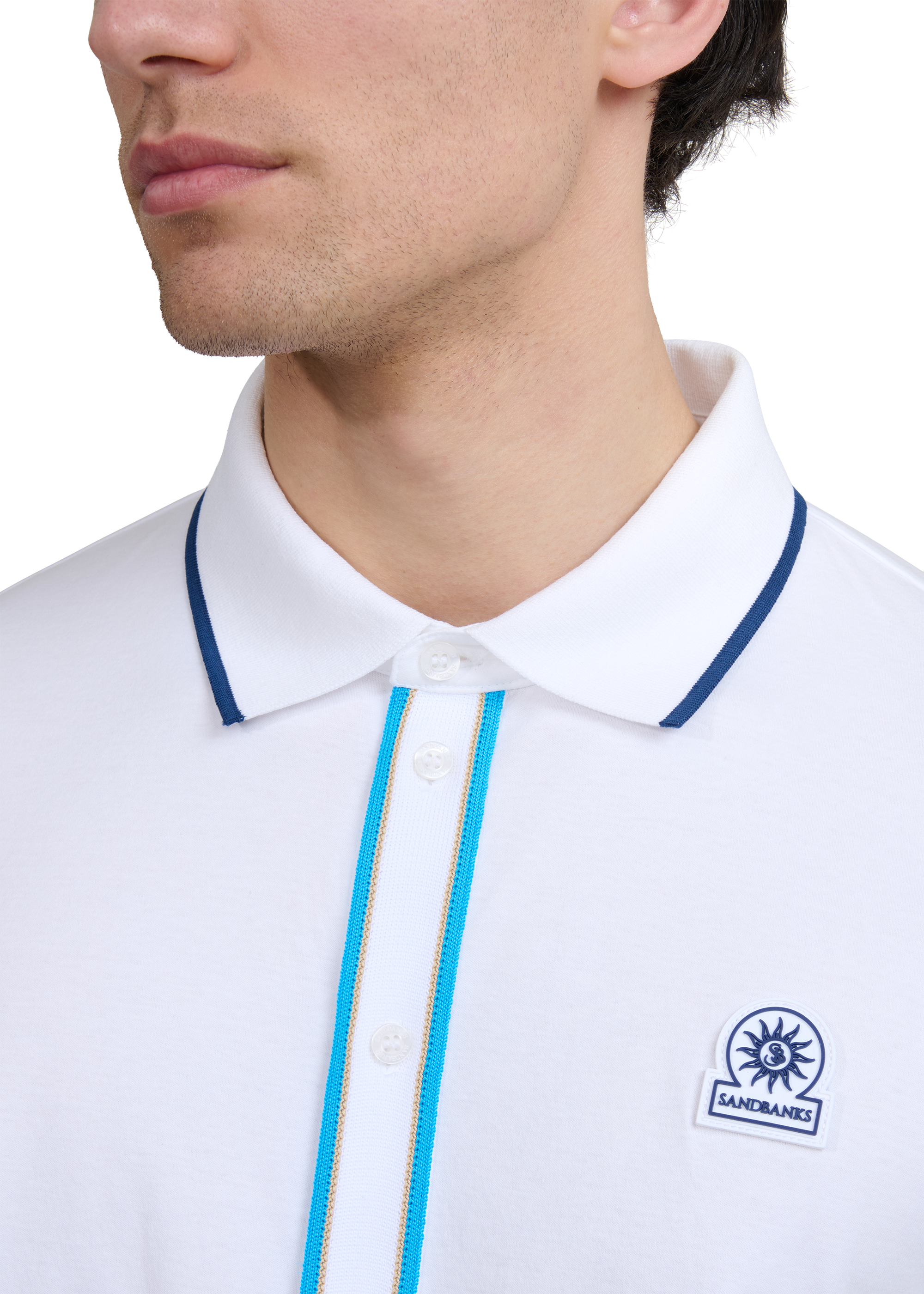 Contrast Tipped Full Button Interlock Polo Shirt - White