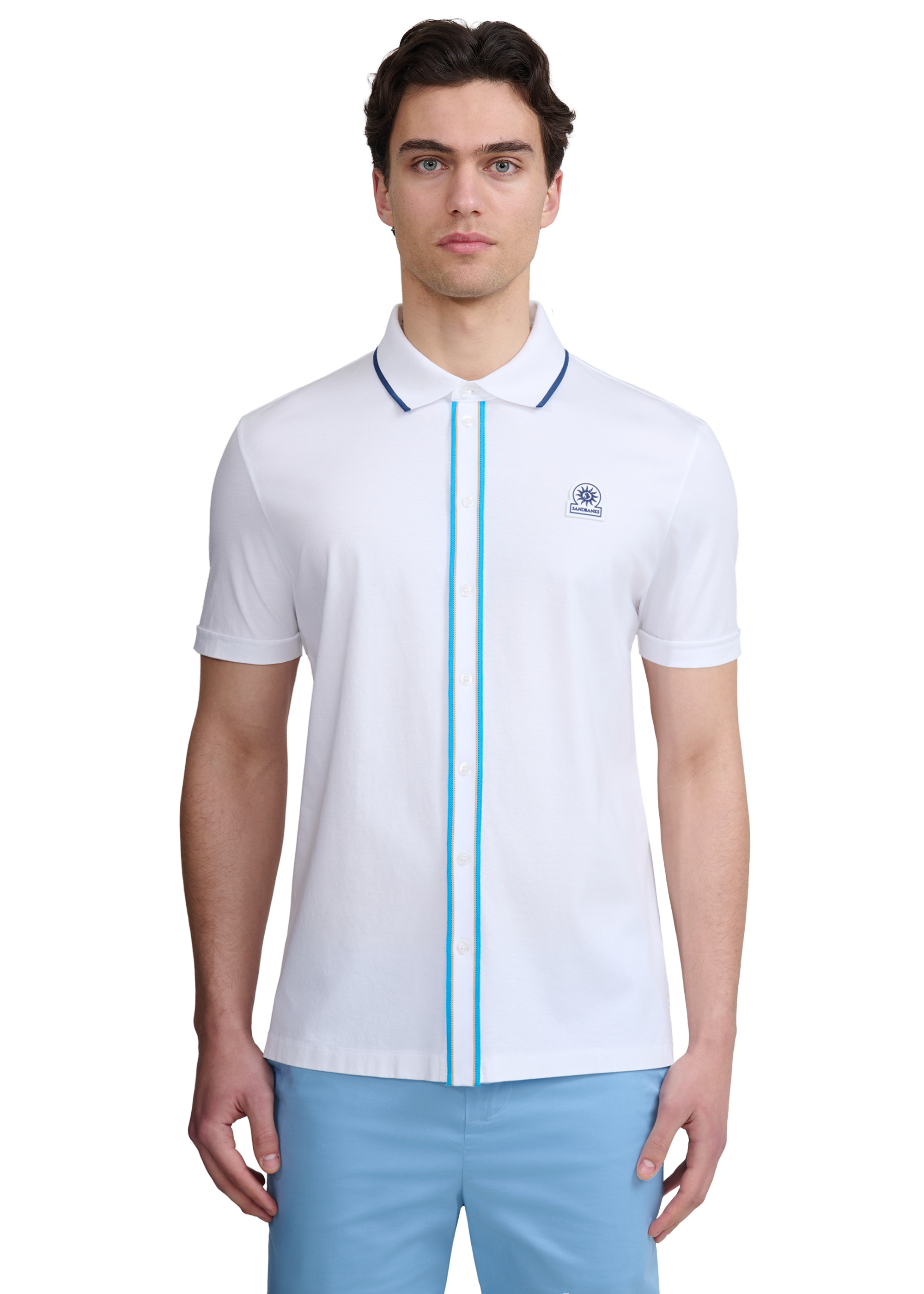 Contrast Tipped Full Button Interlock Polo Shirt - White