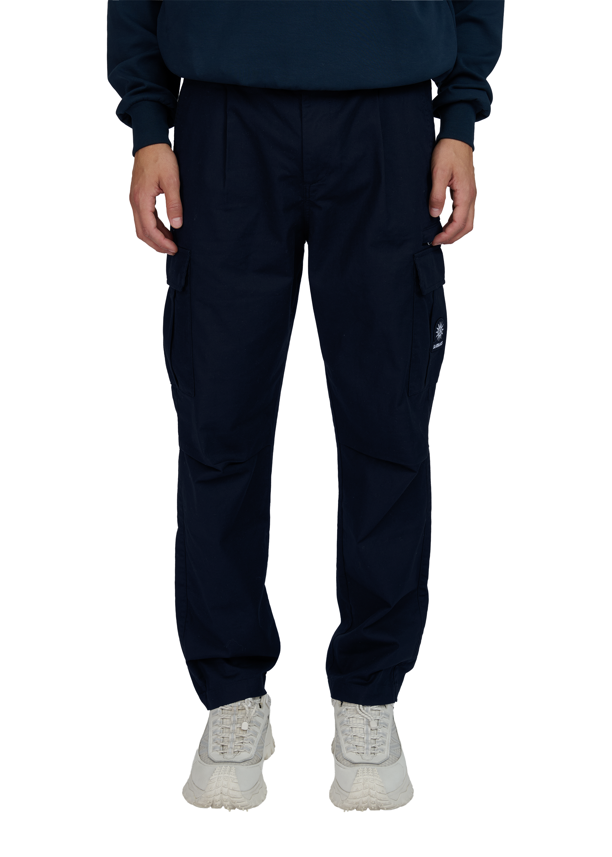 Navy tracksuit with a brand logo on a white background