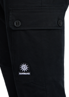 Black pants with a Sandbanks logo patch on a white background