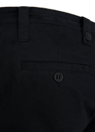 Close-up of black pants with button details on a white background