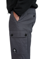 Dark gray pants with a brand logo on a white background