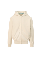 Beige hoodie with a brand logo on the sleeve against a white background
