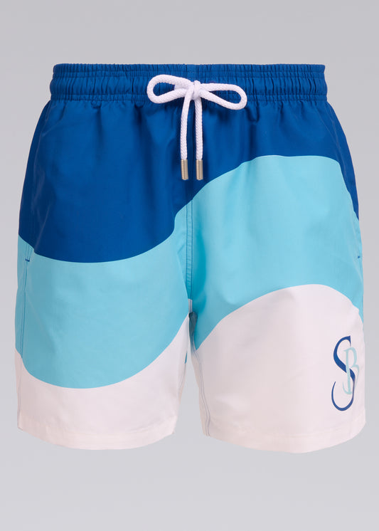 Sandbanks Tri-Colour Wave Swim Shorts - Blue/White