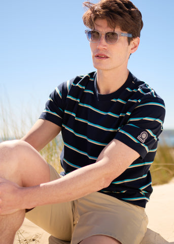 Sandbanks Tri-Colour Mini Stripe T-Shirt - Navy