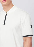 White polo shirt with black accents on a plain background