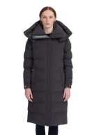 Woman wearing a black winter coat with a hood on a white background