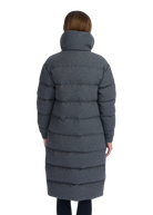 Person wearing a long gray puffer coat on a white background