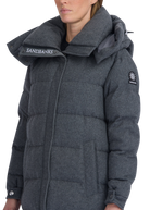 Gray puffer coat with Sandbanks branding on a white background