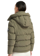 Person wearing a green puffer jacket with a hood on a white background