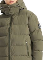 Green puffer jacket with a brand logo on a white background