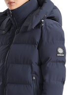 Navy blue puffer jacket with a brand logo on a white background