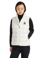 Person wearing a white puffer vest with a brand logo on a white background