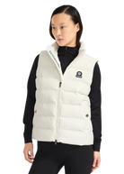 Woman wearing a white puffer vest with brand logos on a white background