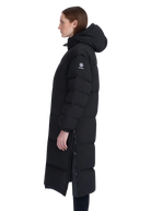 Person wearing a black puffer coat with a brand logo on a white background