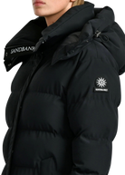 Black puffer jacket with Sandbanks branding on a white background