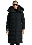 Person wearing a black puffer coat with a brand logo on a white background