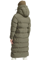 Long olive green puffer coat on a white background