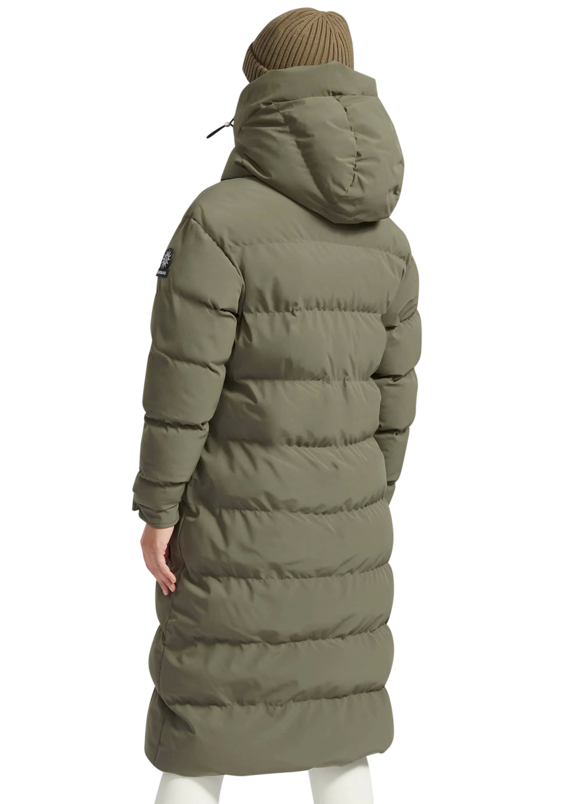 Long olive green puffer coat on a white background
