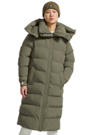 Person wearing a long olive green puffer coat with a hood on a white background