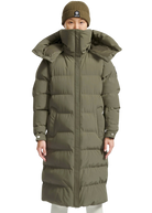 Person wearing a long olive green puffer coat on a white background