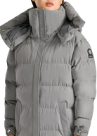 Gray puffer coat with a brand logo on a white background
