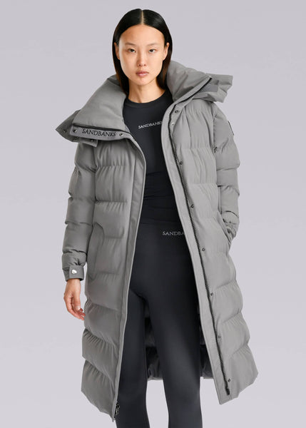 Grey long puffer hot sale jacket women's