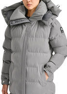 Gray puffer jacket with Sandbanks branding on a white background
