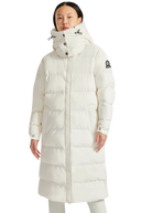 Woman wearing a long white puffer coat on a white background