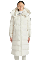 Person wearing a long white puffer coat with a brand logo on a white background