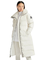 Person wearing a long white puffer coat with a brand logo on a white background