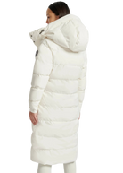 Person wearing a long white puffer coat on a white background