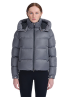 Gray puffer jacket worn by a model on a white background