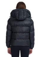 Dark blue puffer jacket with a hood on a white background