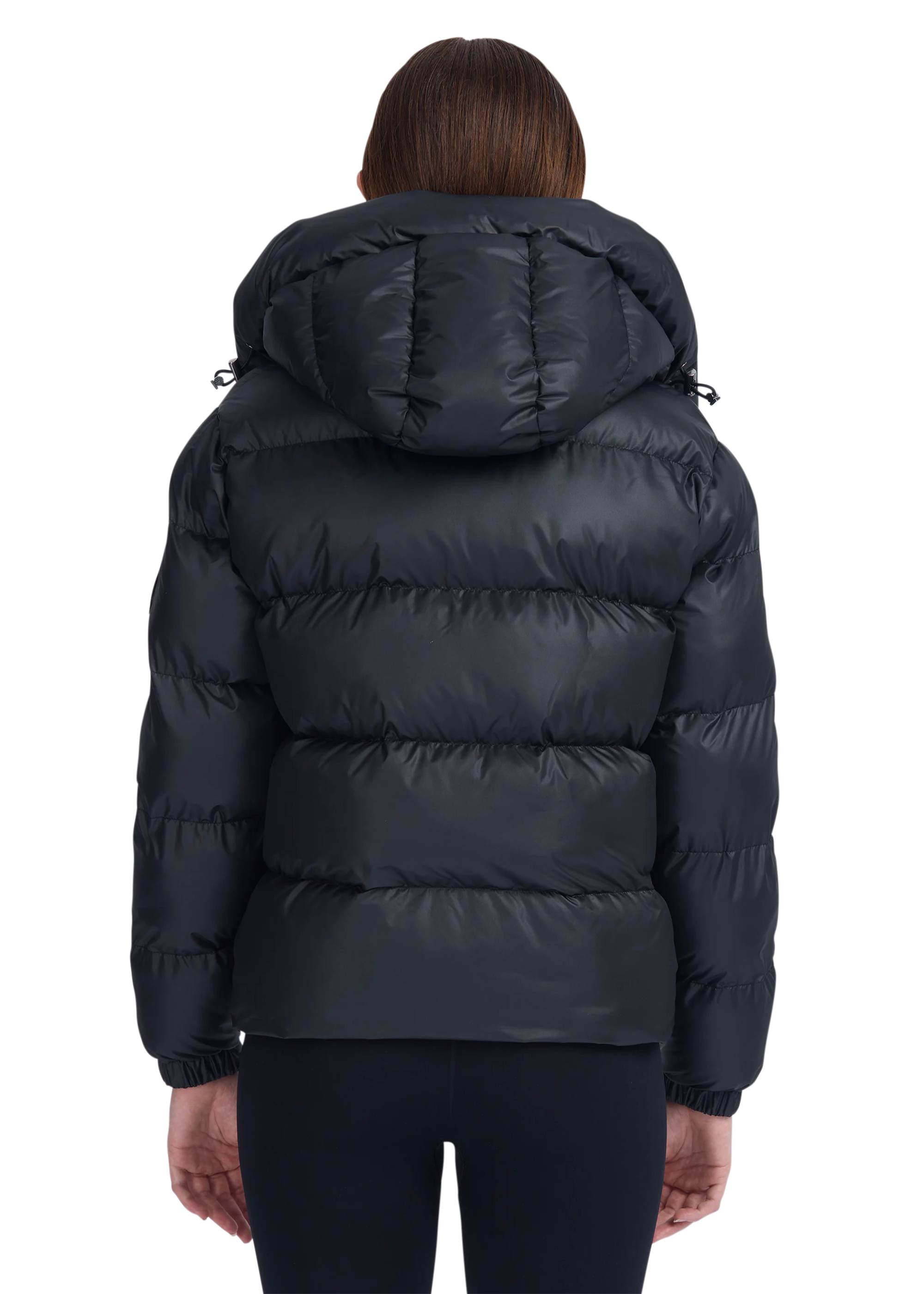 Dark blue puffer jacket with a hood on a white background
